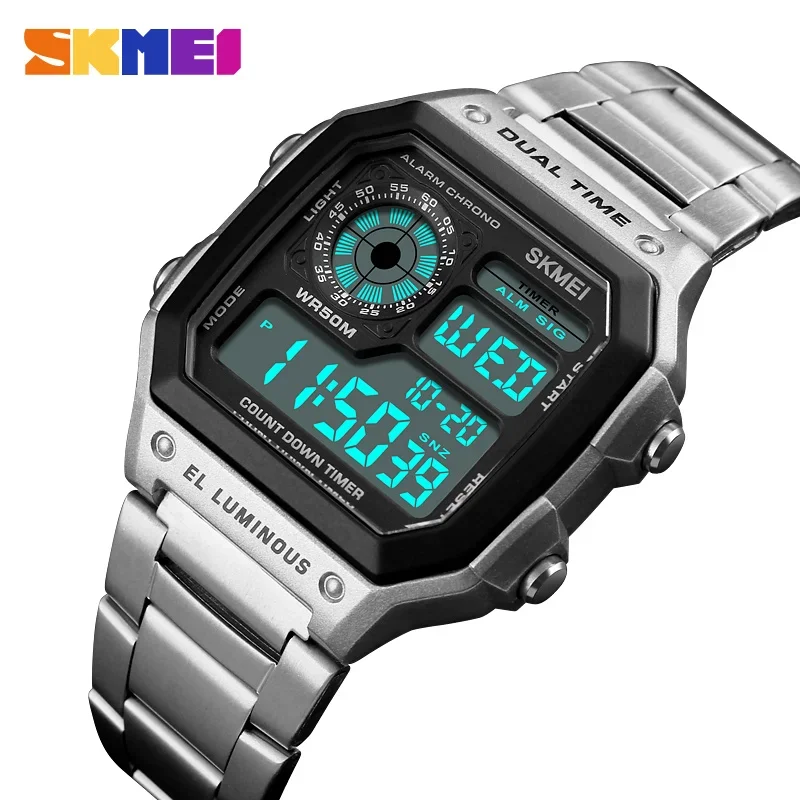Skmei 1335 Retro SportsDigital Watch for Men nepremokavá chrono elektronické pánske náramkové hodinky z nehrdzavejúcej ocele reloj hombre