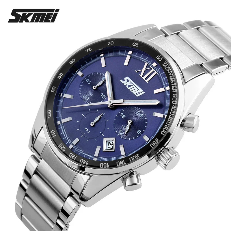SKMEI hodinky pre mužov luxusné top značka Quartz hodinky celá z nehrdzavejúcej ocele Analógový displej módne kalendár chronograf