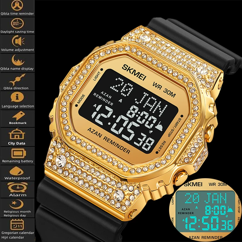 SKMEI Muslim Azan Pilgrimage Sport's Watch Luxury SHAPE DIAL DIAL QIBLA HIJRI HIJRI HIJRI Módne mužský čas