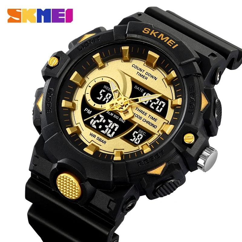 Skmei Youth Sport 3 -Time Digital Watch Men Men Shock odolný vodotesný dvojité náramkové hodinky LED Chrono Alarm Glock Pánske hodinky Cool Hour