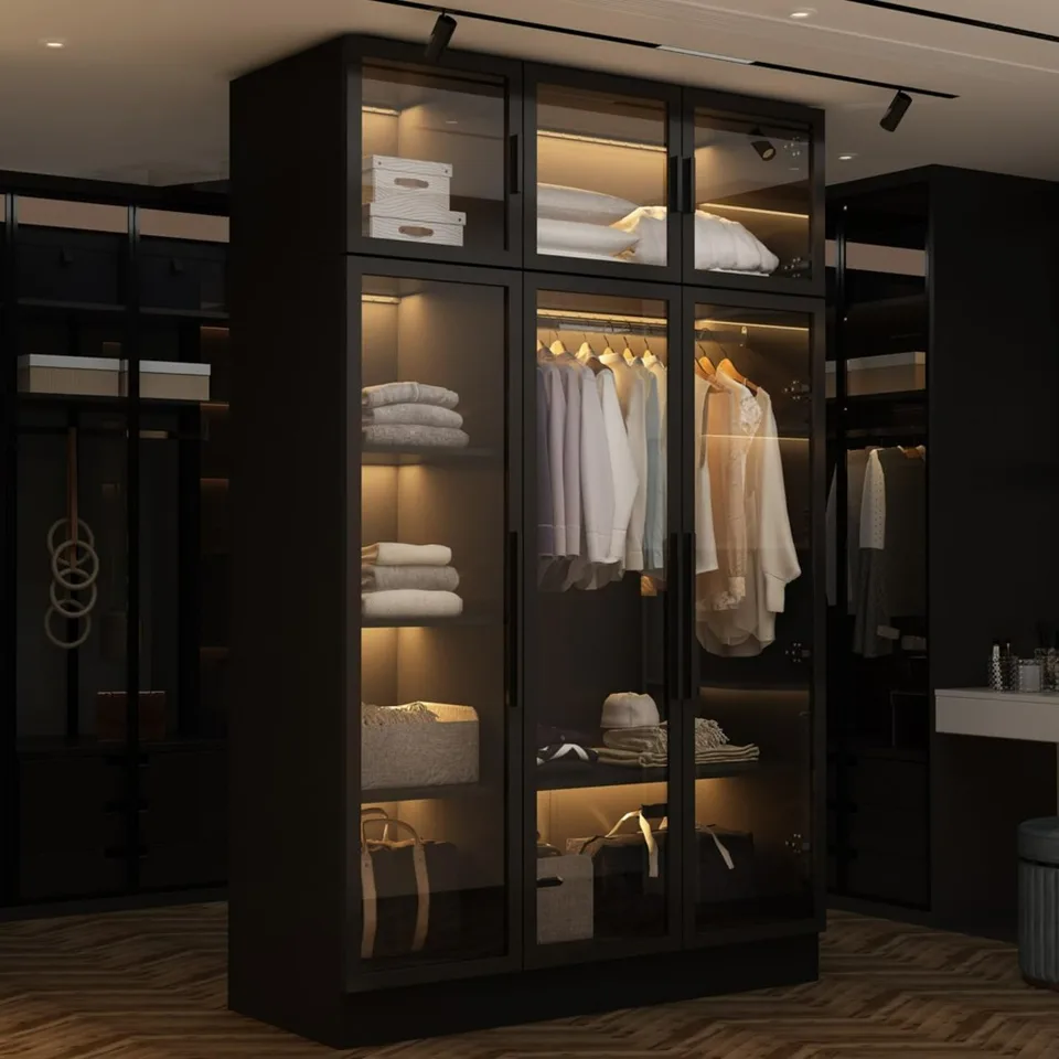 Skrinka šatníka s LED svetlami, armoire skrinka so sklenenými dverami, drevená veľká šatník s visiacim prútom a 5 úrovňami, moderná