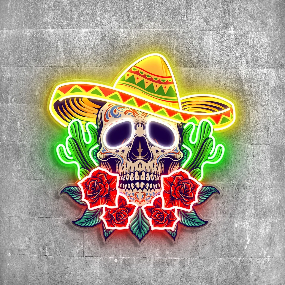 Skull mexická klobúk kaktusová neónová značka, UV tlačené neónové znamenie, akrylové neónové znamenie, mexická dekorácia lebky, darček pre ňu