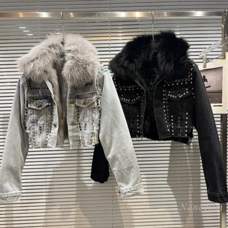 Skutočná kožušinová džínsová bunda Ženy 2023 Jeseň Fried Street Style Prírodný líškový kožušinový oboj