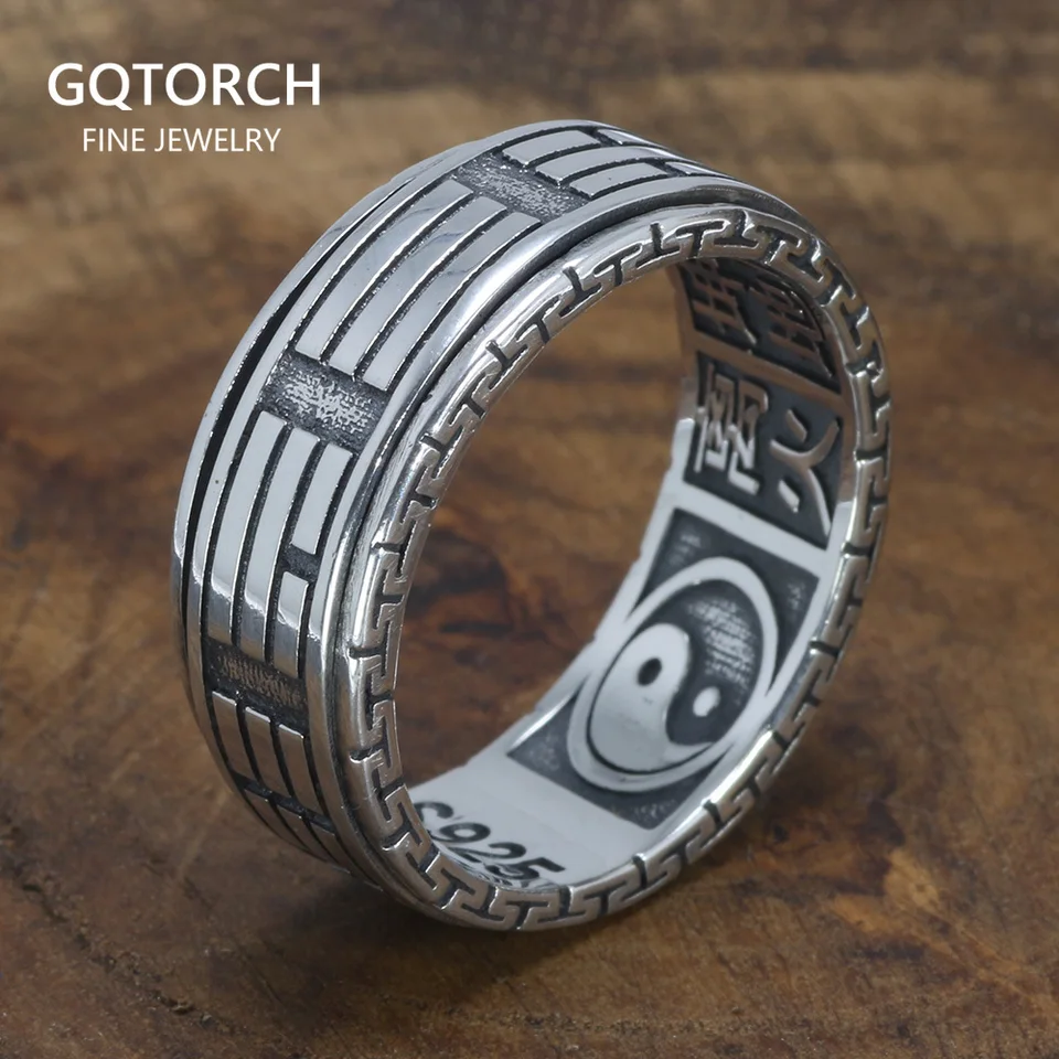 Skutočné 925 Sterling strieborné prstene pre mužov Spinner Rotatble rezbárstvo Taiji Bagua jin jang s vintage skvelým vzorom steny