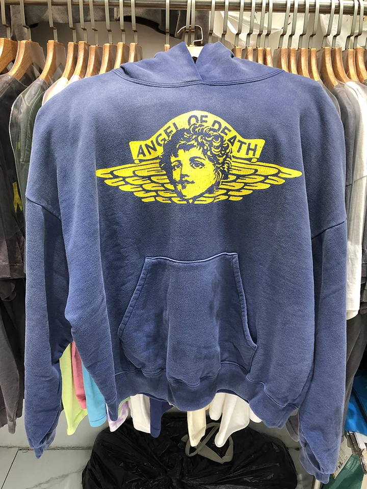 Skutočné fotografie Saint Blue Hoodies Vysoko kvalitný crack anjel umytý vintage hustý muž Ženy pullover