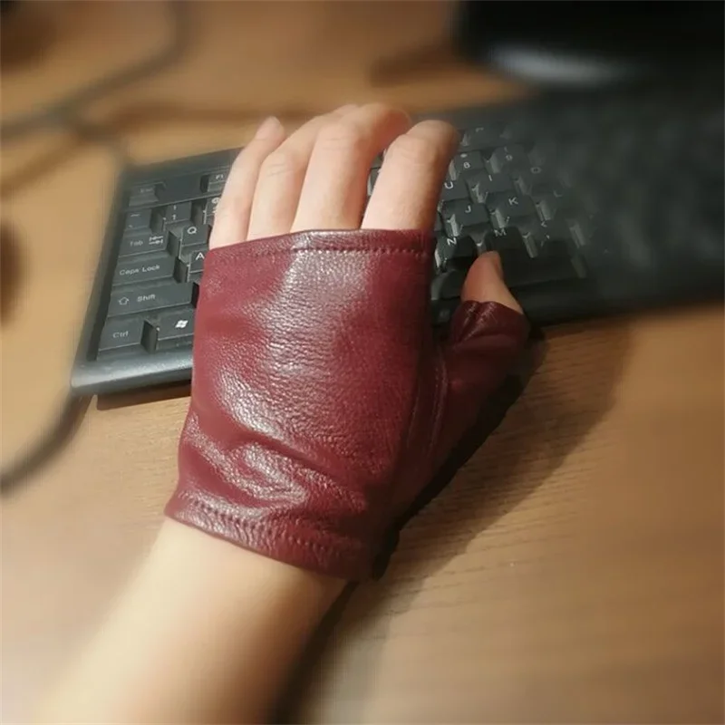 Skutočné kožené krátke rukavice bez prstov Ženy Čierne červené originálne ovčie koža športy Half Finger