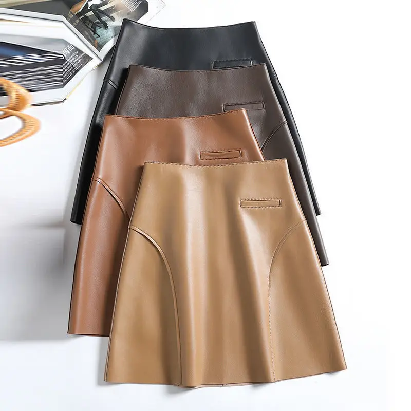 Skutočné kožené sukne Ženy Spring Autumn High Pase Slim A-Line Sukne módne dám
