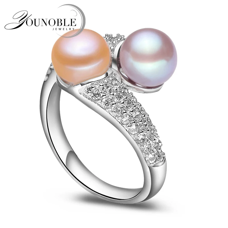 Skutočné prírodné sladkovodné čierne dvojité perlové prsteň Ženy, vynikajúce 925 Sterling Silver Ring jemné šperky nastaviteľné