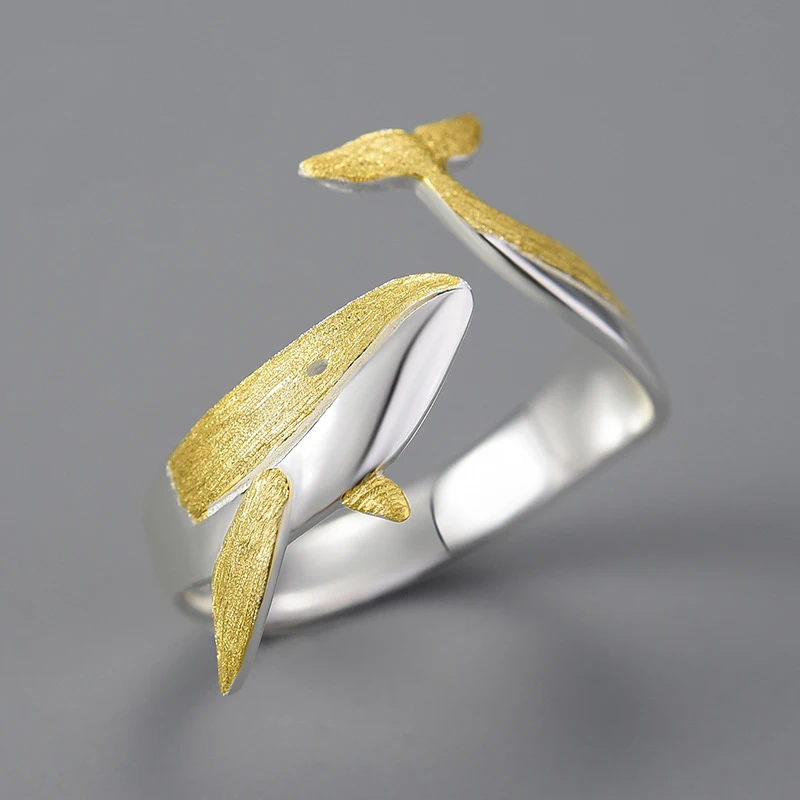 Skutočný S925 Sterling Silver Whale nastaviteľný prsteň pre ženy 18 K Zlatý pôvodný dizajn zvierat prsteň jemný šperk darček