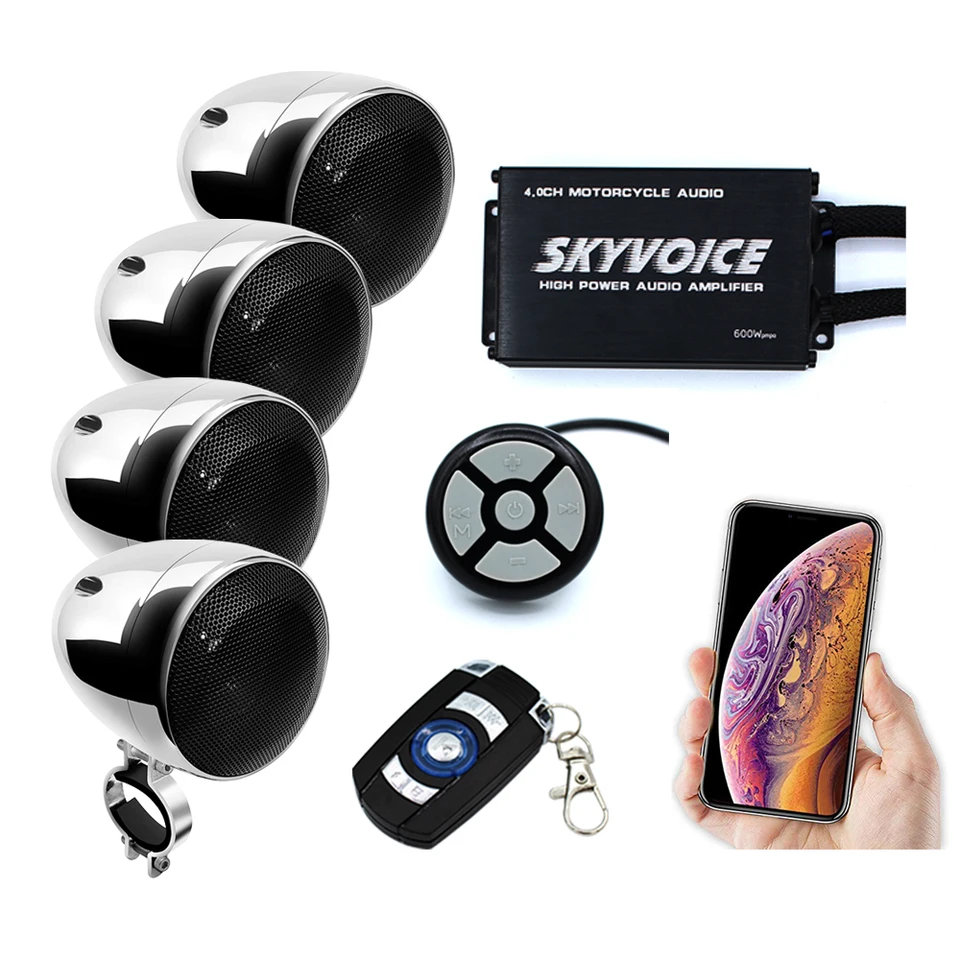 SKV600 Výkonný 600 W 4 reproduktory Motocyklový zvukový systém s káblovým a bezdrôtovým diaľkovým ovládačom podporuje Bluetooth USB Aux FM Radio Play