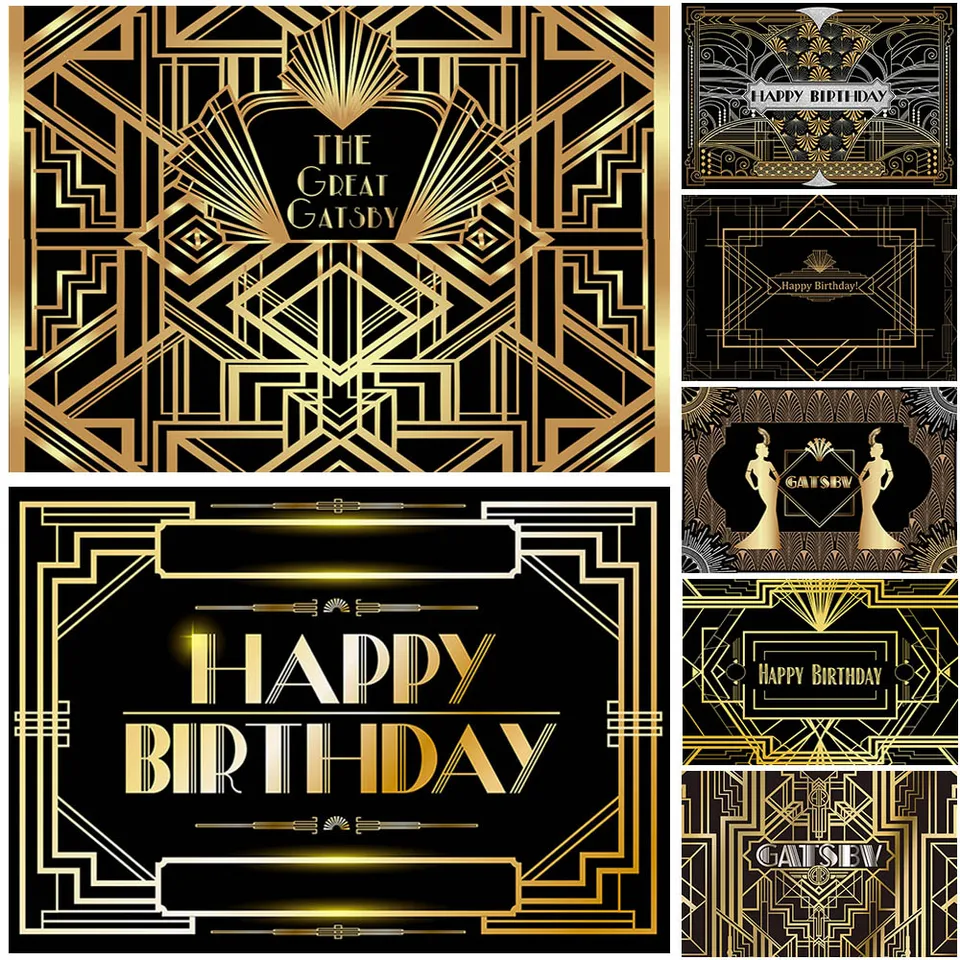 Skvelý Gatsby Téma narodeninová oslava Photografia pozadie čierna zlatá línia Prispôsobenie narodeninových oslavy dekorácie Kady banner