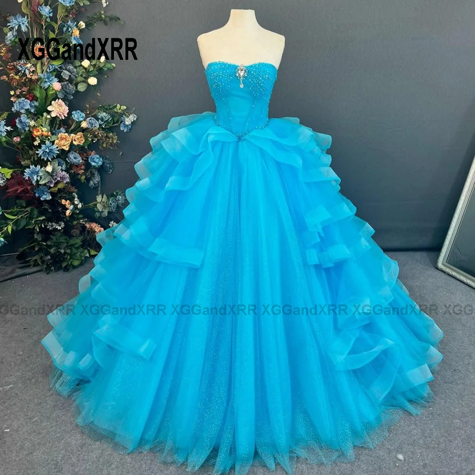 Sky Blue Ball Gowns vrstvy quincanrea šaty 2024 čipkované aplikácie xv Popoluška sladké 16 šaty Vestido de 15 quinceañeras gala gala