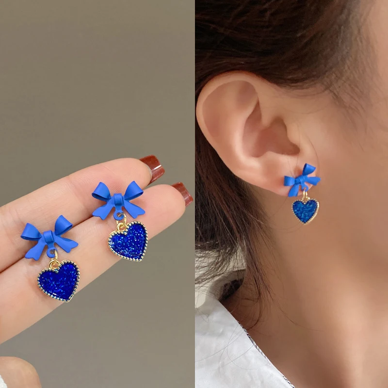 Sky Blue Color Simple Heart Bowknot Drop náušnice pre ženy roztomilé kórejské sladké milostné priateľka darček Svadobné šperky femme