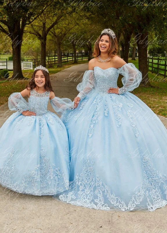Sky Blue Elegantná čipka kvetinové šaty na svadobnú aplikáciu podlahovú dĺžku princezné dieťa prvé eucharistické narodeninové oslavy šaty