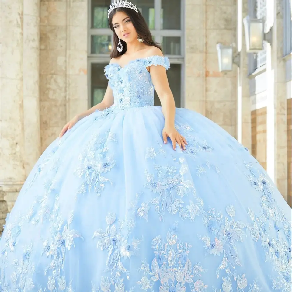 Sky Blue Puffy quinceanera šaty guľôčkové šaty z ramena tylových aplikácií Mexické sladké 16 šaty 15 Anos prispôsobené