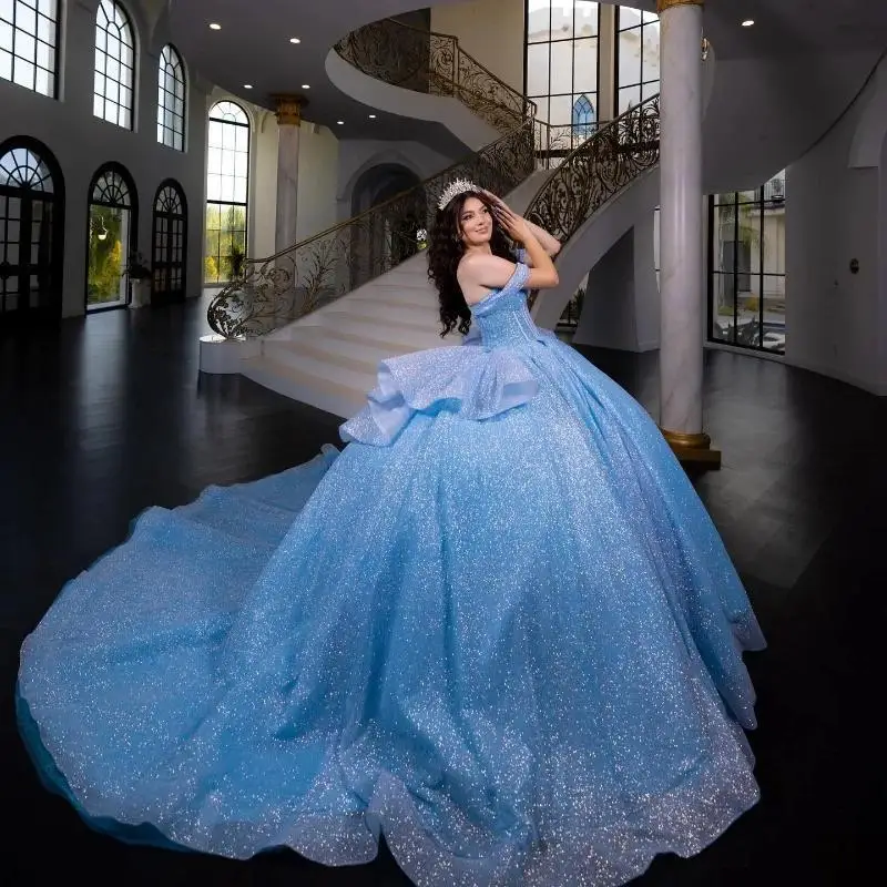 Sky Blue Shiny Ball Gown Quinceanera šaty korálky krištáľový tulle princezná sladká 16 Vestido de xv años brithday party šaty