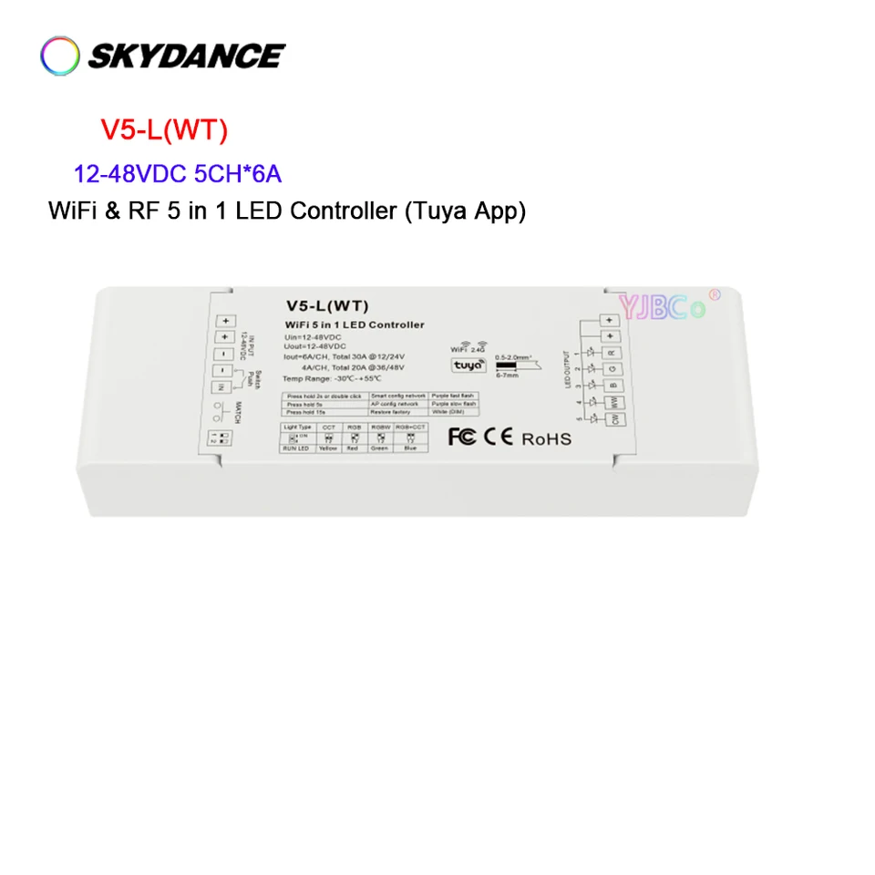 SkyDance RGB, RGBW, RGBCCT, CCT, jednostranná PLESP PUSH DIM 2,4G WIFI 5 IN1 LED Strip Controller 12V 24V 36V TUYA APP 4 PWM Frekvencia