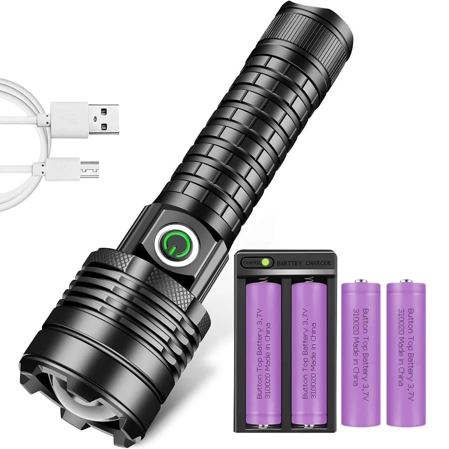 SkyeWolfeye Nabíjateľná LED baterka Sada 3 režimy odolné XHP60 Lamp s 2 slotkami nabíjačky na čítanie turistiky