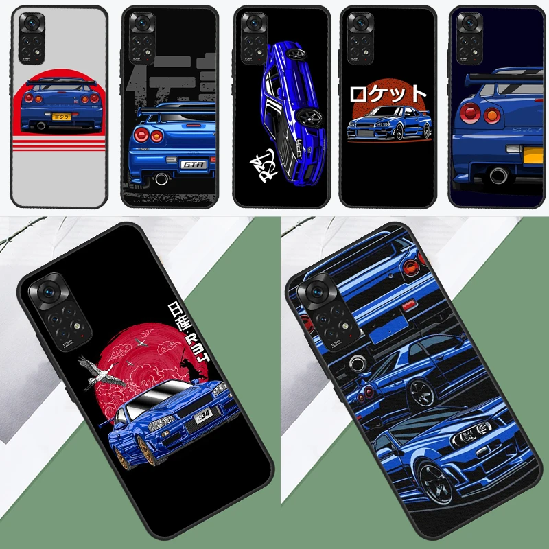 Skyline R34 Blue Case pre Xiaomi Redmi Note 12 Pro Plus 8 9 10 11 Pro 8T 9S 10S 11S 12S 9C 10A 10C 12C Cover
