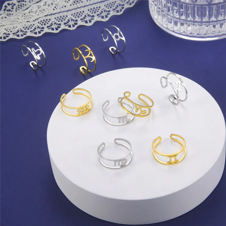 Skyrim Ženy Zodiac Rings Rings z nehrdzavejúcej ocele 12 Constellation Open Ring Aries Leo Panna Gemini Libra Ryby Taurus Birthday Darček