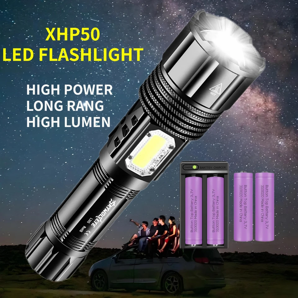 SkyWolfeye High Power XHP50 LED baterka Nabíjateľná USB dlhá zazvonená pochodeň s vysokým lumenom s bočným svetlom Cob