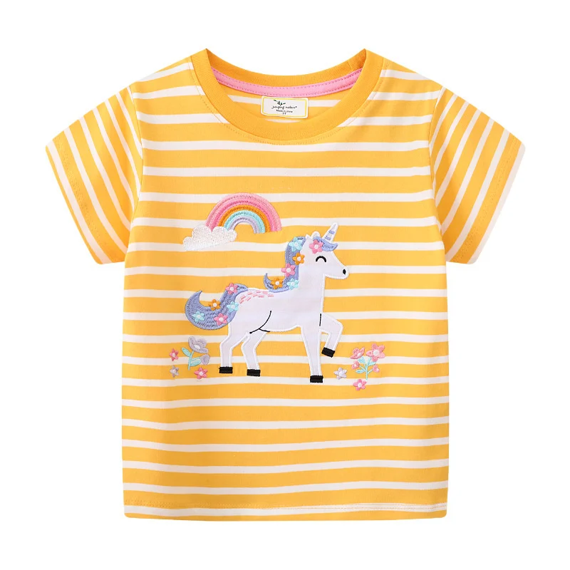 Skákanie metrov 2-7t jednorožce dievčat T tričká letné detské oblečenie pruhované s krátkym rukávom Kids Tops Tops pre detské oblečenie košeľa