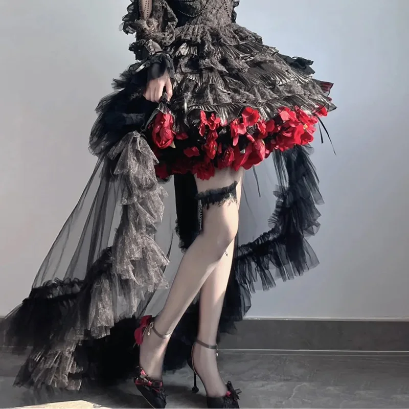 Sladká gotická lolita asymetrická sieťová predĺženie dlhá sukňa Ženy JSK Vintage Elegant Rufle Cake Lace Party Event sukne