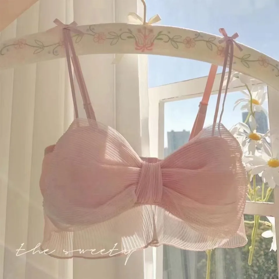 Sladká lolita spodná bielizeň set japonský roztomilý luk čipkovaný plk podprsenka a nohavičky Pink Push Up Brassiere Dievčatá spodná bielizeň set kawaii
