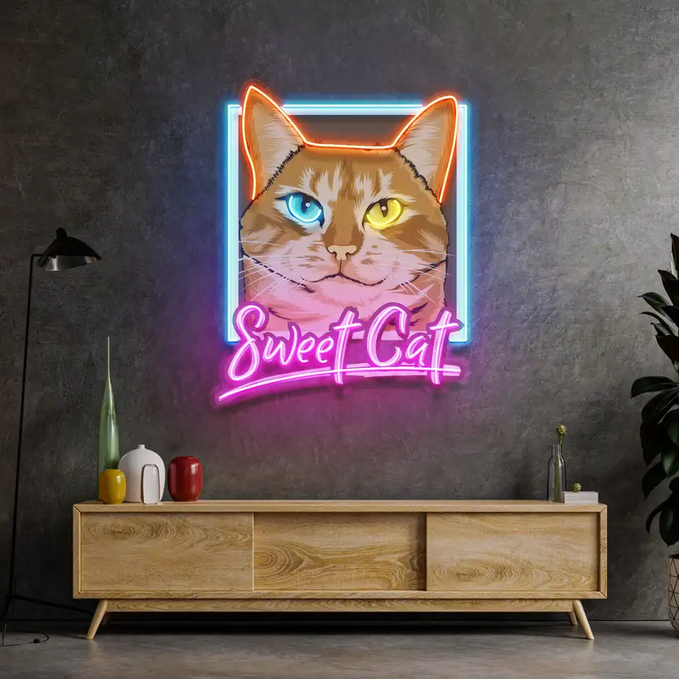 Sladká mačka neónové znaky pop art stena dekor