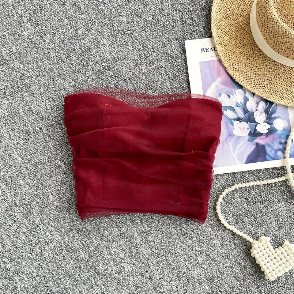 Sladká sieťová trubica horná šik pri ramene Camis Slim Corean Tanks Top Elegantná základná plodina Top letné ženy Bustier