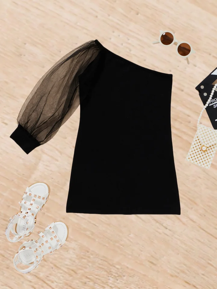 Sladké chladné korenie dievčenský štýl sieťovina Zostrihajúca šikmá šikmá bok bokom na boke, sexy stretch Stretch Slim Design letné detské dievčatá šaty