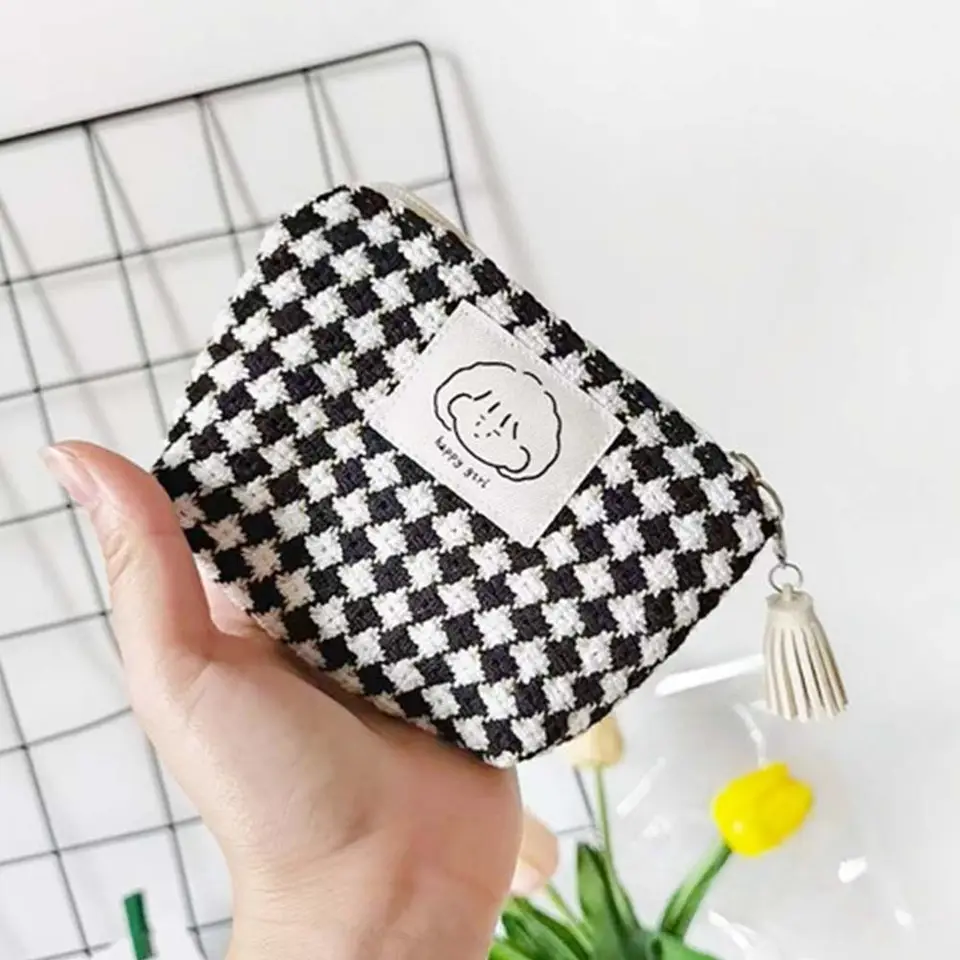 Sladké dievčatá Plaid Coin Capere Cute Zipper Student Storage Bag Girls Fyziologické obdobie Tampón Organizátor Malé puzdro