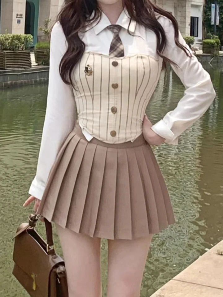 Sladké elegantné 3 -dielne sada Ženy Kórejská módna párty Mini sukňa scéna Žena vintage dizajnér skladaný sukň