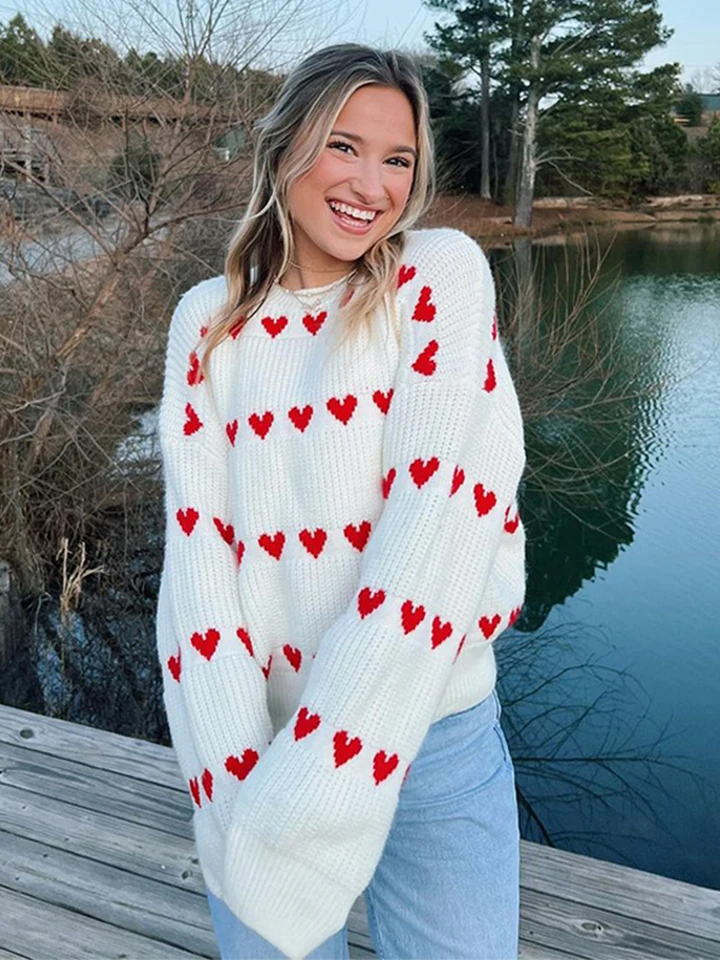 Sladké háčkovanie Láska Tvar pletene pre ženy 2024 Nová jeseň O-krk dlhý rukáv Sweater Knitwear Street Chic Lady Jumper