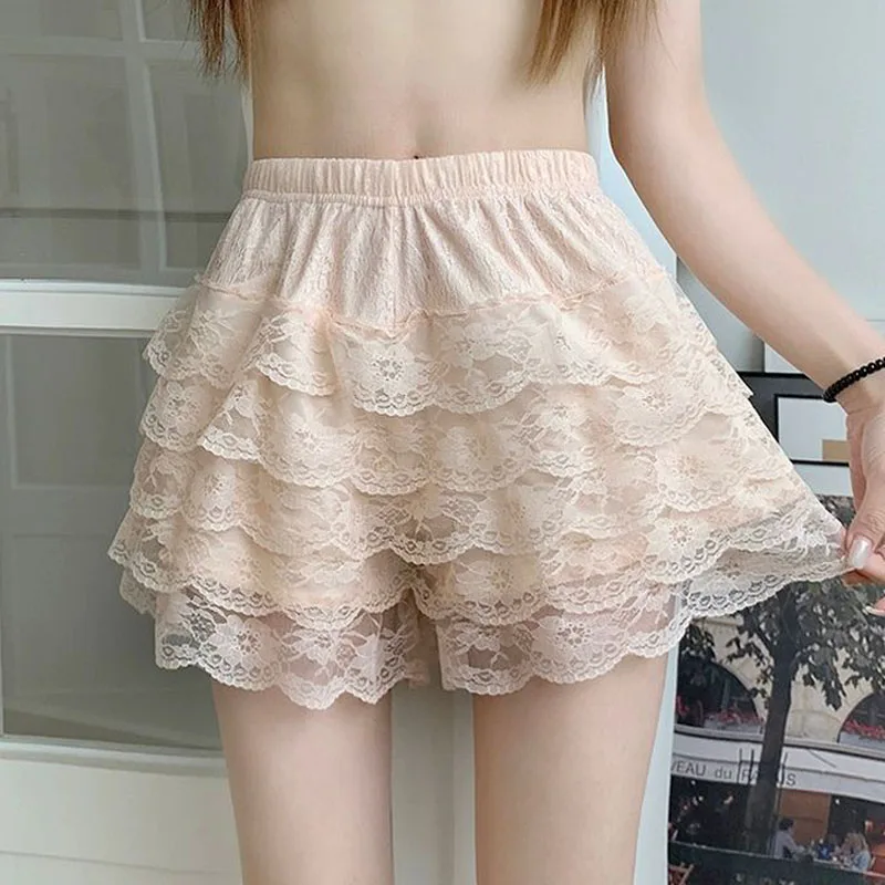 Sladké JK-Lace Shorts Biely japonský japonský kawaii ruffles čipky viacerých vrstiev spodnej časti y2k vintage kraťas