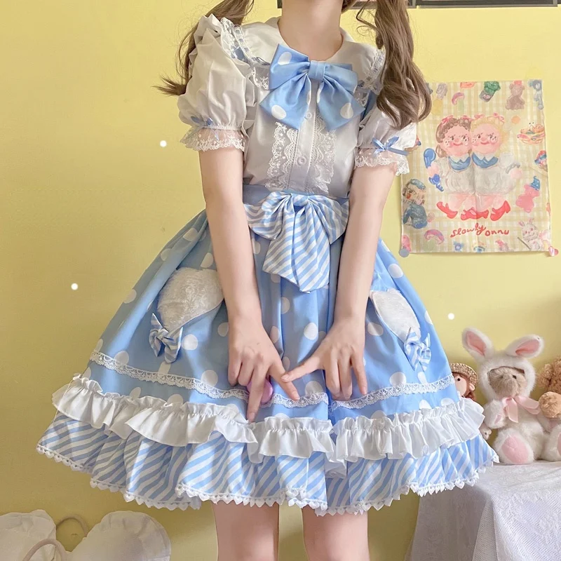 Sladké jsk lolita šaty leto nové japonské luky bodky svrbky detská bábika špagety šaty šaty dámske módne kawaii roztomilé oblečenie