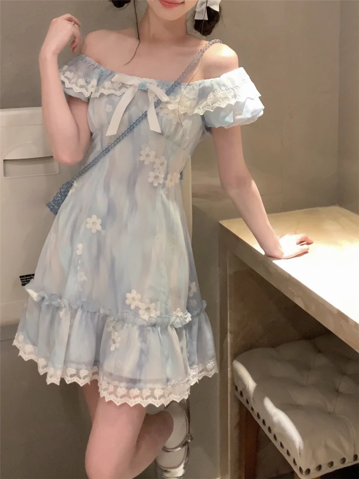 Sladké kawaii párty šaty Ženy Príležitostné roztomilé čipky Puff Ruckve Mini šaty 2024 letné elegantné kórejské módy One Piece šaty nové
