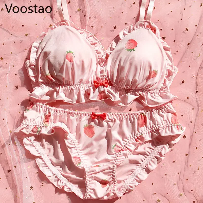 Sladké lolita štýl Ženy roztomilé jahodové tlač podprsenky nohavičky Set Set Japanese Girl Kawaii Soft Underwear Panty Intimates Sety