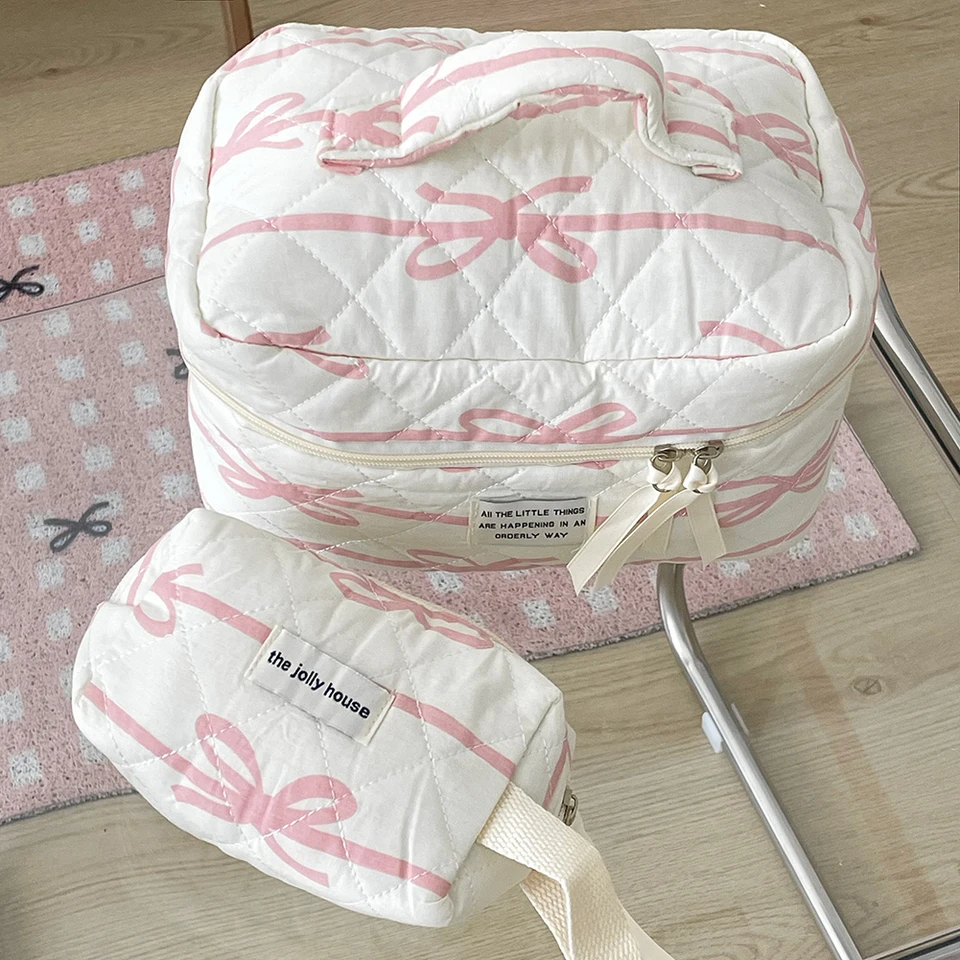Sladké luk cestovné vrecko s zipsom Organizátor Organizátor Storage Bag Cotton Prešívaná taška na starostlivosť o pleť pre ženy a dievčatá