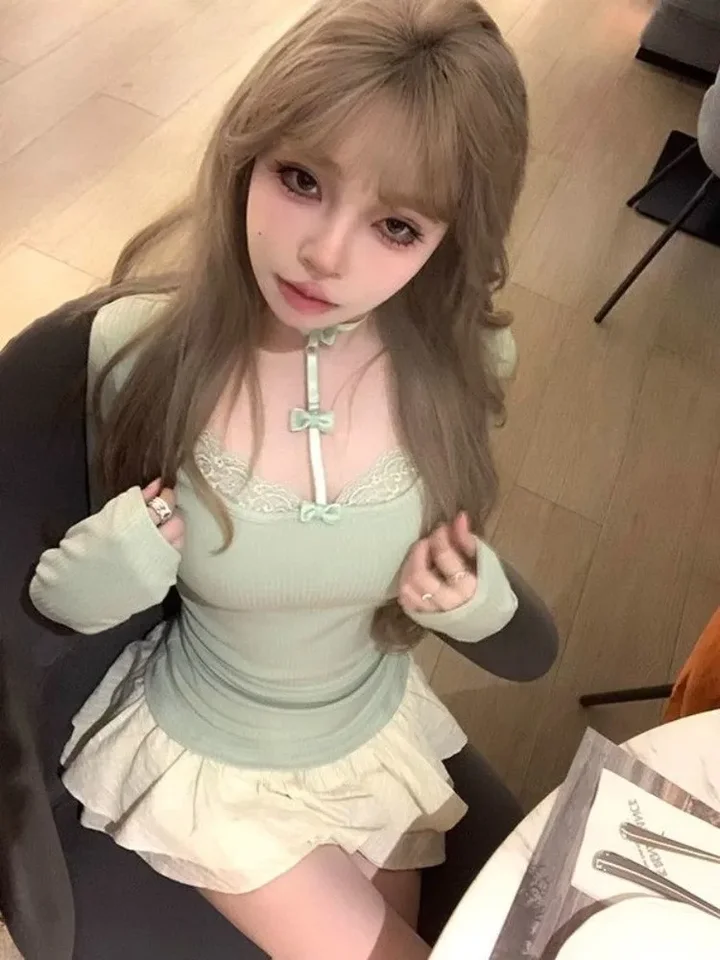 Sladké luk Lace Halter Bottoming Topy Topy Mujer Rary Autumn Nové tričko pre ženy y2k e-dievča Slim Fit s dlhým rukávom tričko s dlhým rukávom