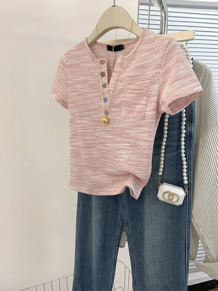 Sladké roztomilé ružové plodiny top Tshirt Y2K Girl v krku s krátkym rukávom Tričko leto 2024 nové streetwear tričko dizajn dizajn štíhle fit vrcholy
