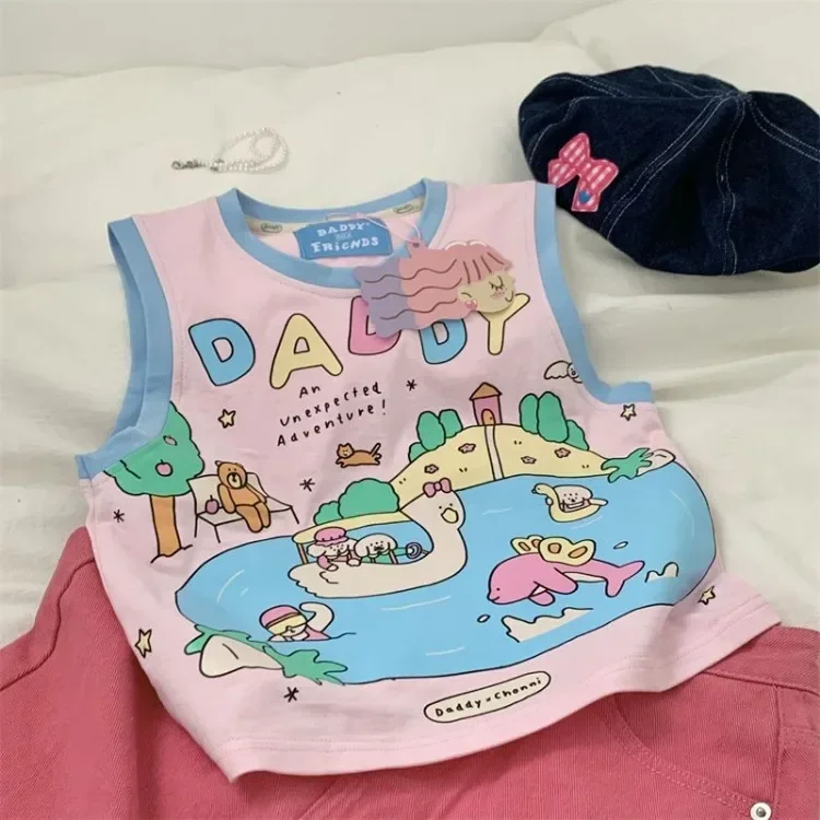 Sladké ručne nakreslené graffiti vesta pre ženy 2024 leto New O-Neck Pink Modrá nádrž