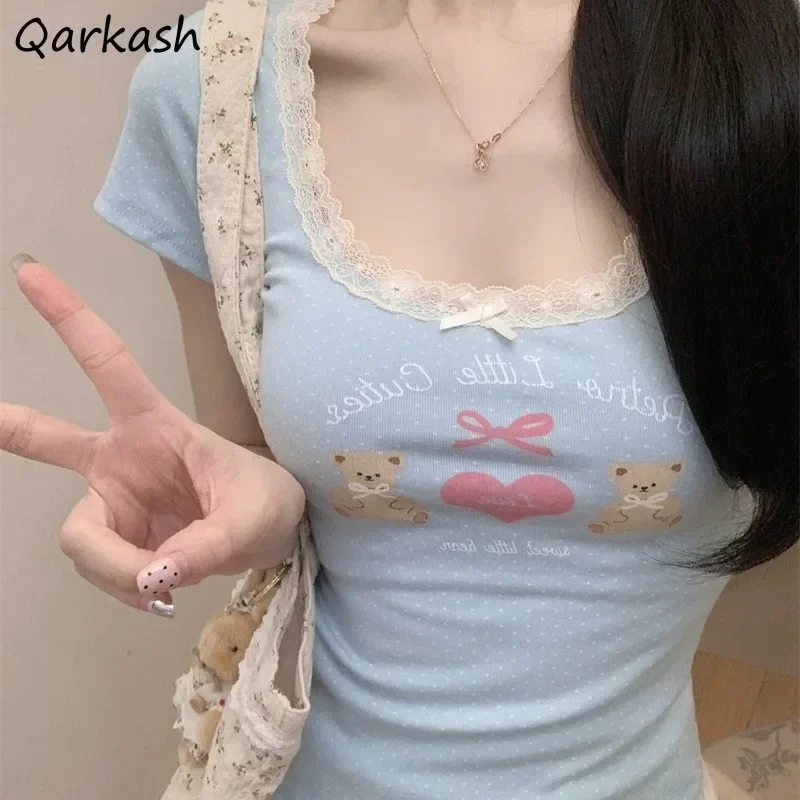 Sladké tričká pre ženy Skinny Patchwork Lace Bow Chic High Street Kórejský štýl letné odpaliská Sexy zhodné krátke rukávy