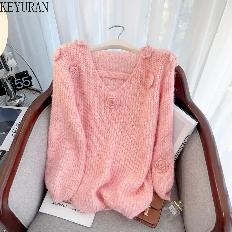Sladké trojrozmerné kvetinové sveter Ženy Jeseň Zimná zima jemný lenivý štýl V-krk dlhý rukáv s dlhým rukávom voľný pullover pletene pletené vrcholy prepojka