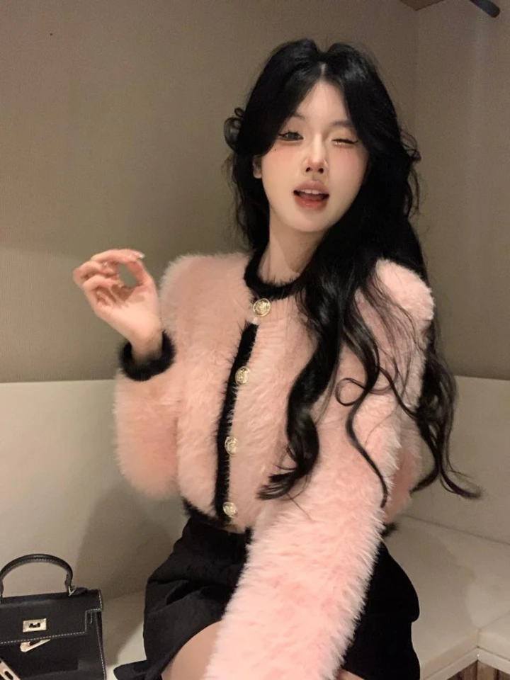 Sladké y2k estetické orezané kašmírové vesty Ženy 2025 Jeseň Kórejské elegantné vrcholy Vintage Casual All Match Pink Crop Sweaters