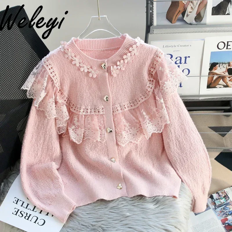 Sladké čipky Rough Edge Pink Sweater Mardigany Žena Jeseň 2024