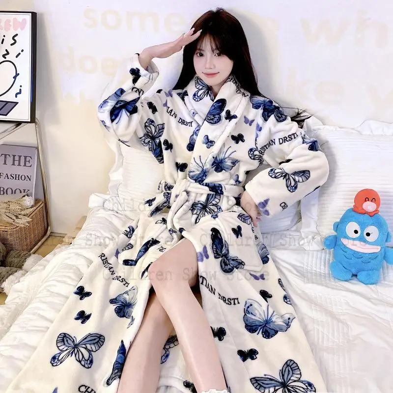 Sleepwear Dámske zimné teplé kimono motýľový tlačný župan zahusťovaný koralový fleece nočné oblečenie