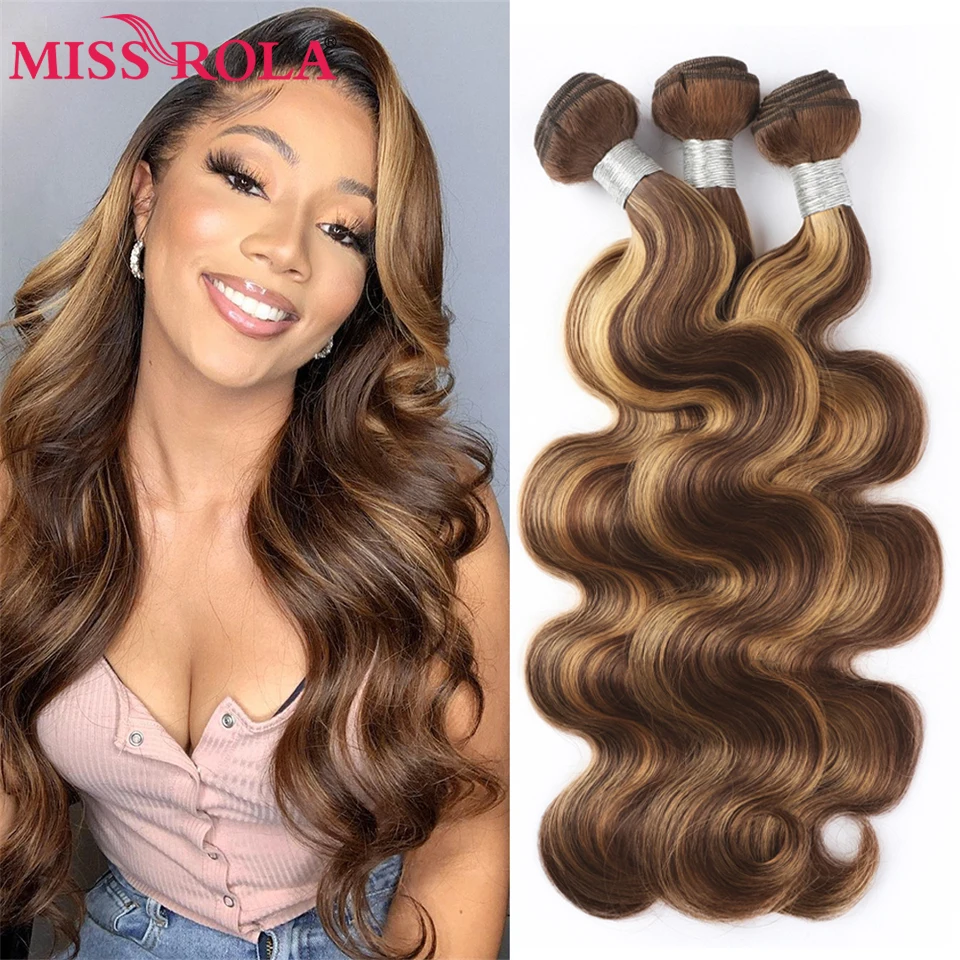 Slečna Rola Brazílska priama/vlna tela Humanské vlasy tkajúc 1/2/3/4 zväzky P4/27 Remy Hair predlžovanie dvojitých útočníkov pre ženy