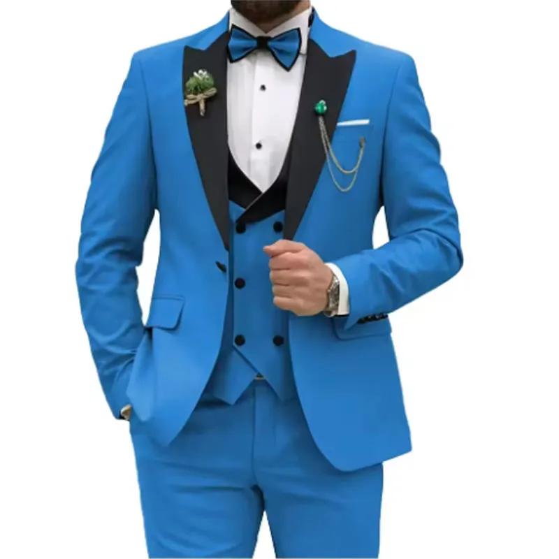 Slim Fit Men Suits Double Breasted Groom Formal Business Male Blazer Set Vrchol Lafe Party Wedding smonso (bunda+vesta+nohavice)