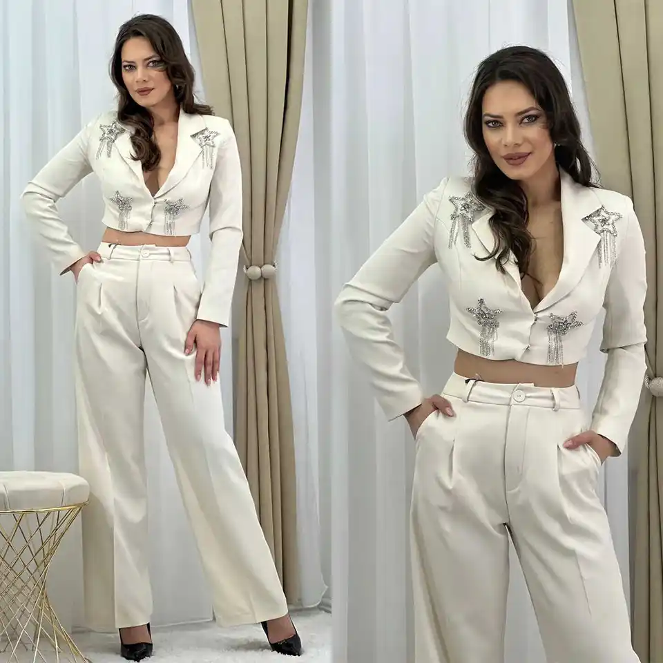 Slim Fit Women Pants vyhovuje elegantné krištáľové korálky Krátky sako na párty narodeniny Wear 2 kusy súpravy